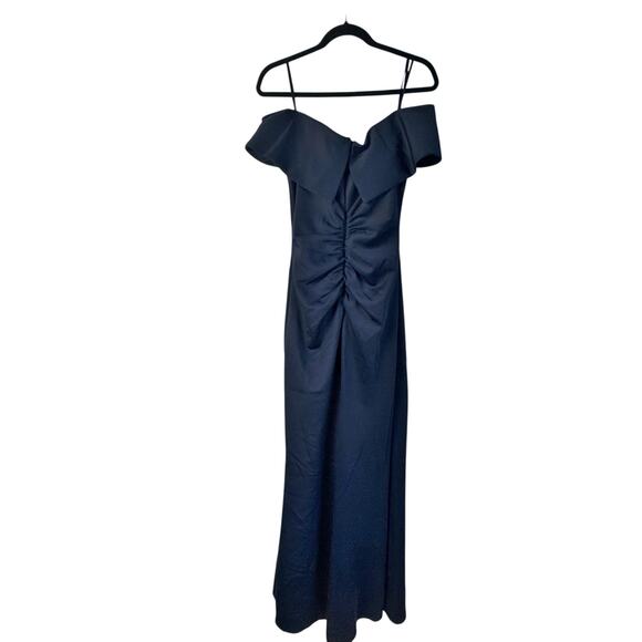 Xscape Women's Off-the-Shoulder Scuba Ruched Gown Navy Blue Size 6 NWT - Picture 7 of 12